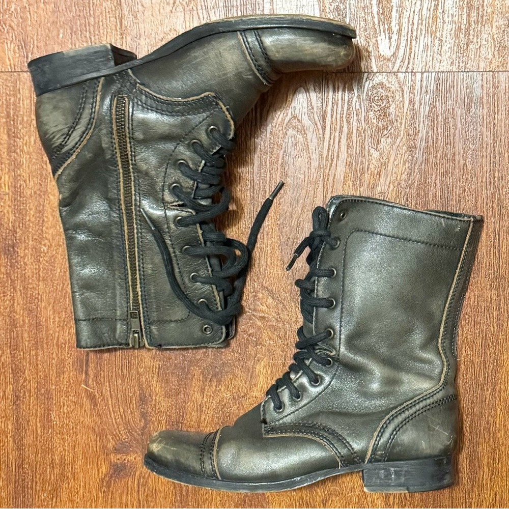 Steven By Steve Madden Distressed Leather Troopa Combat Boots Brown Gray Size 6